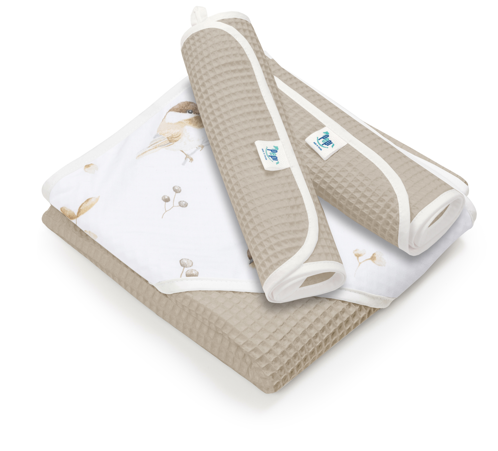 Zestaw kąpielowy ręcznik z kapturem mokka i 2 małe ręczniki Lovely Bird